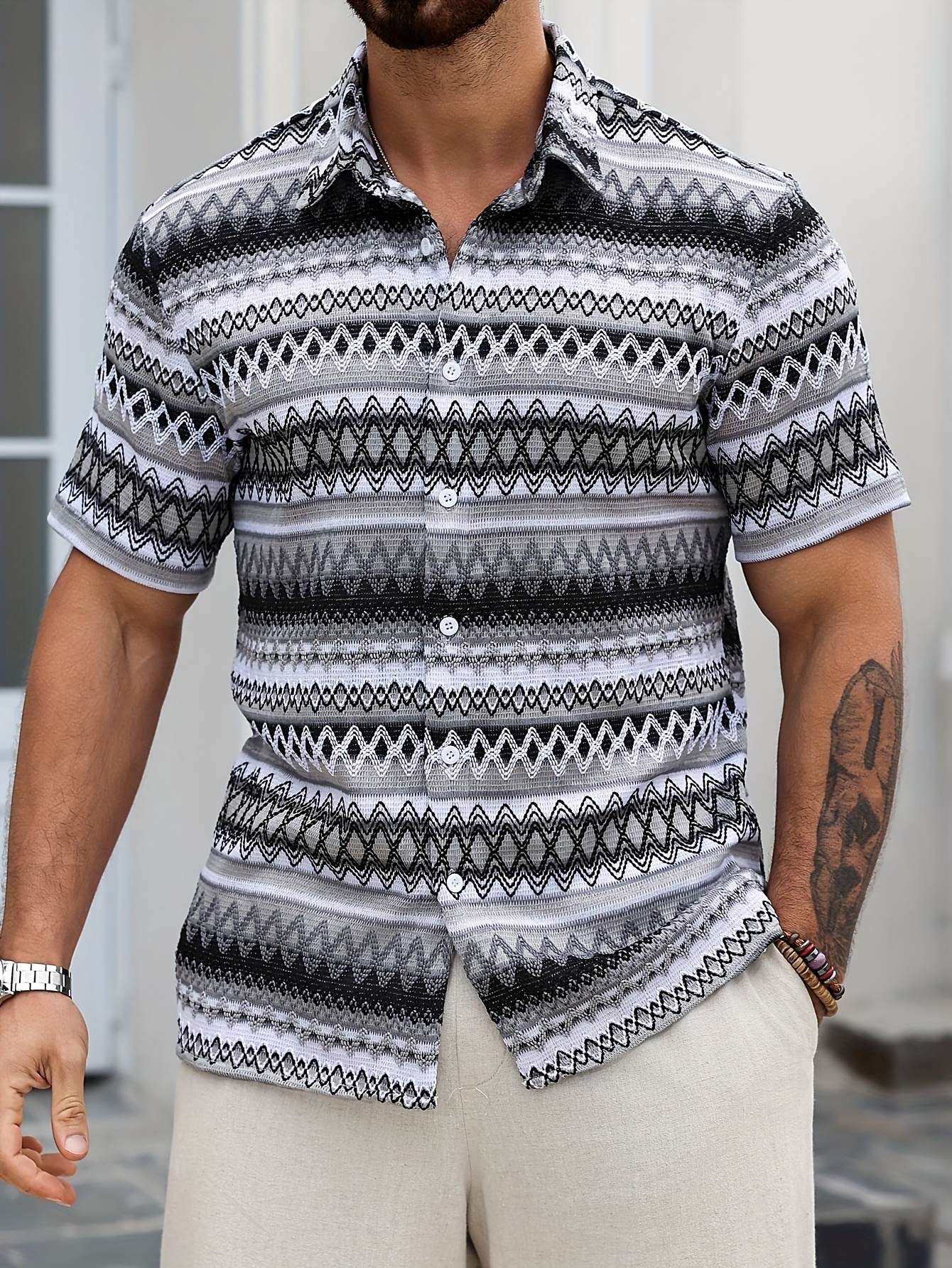 men's bohemian crochet short sleeve shirt vibrant geometric