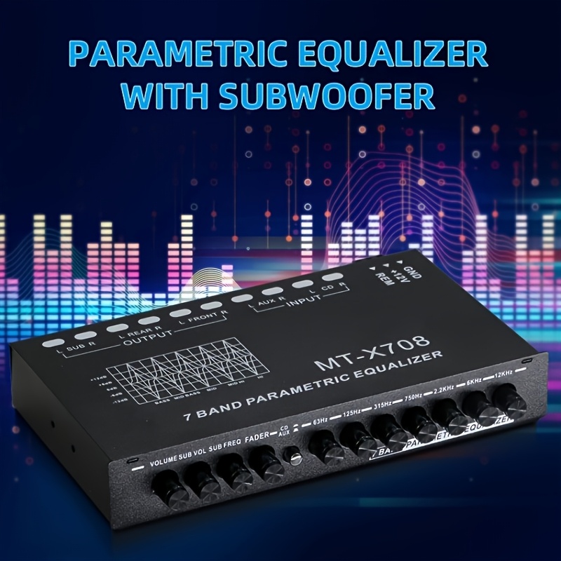 TEMU Égaliseur audio de voiture 7 bandes Keluneglo, EQ paramétrique 12V avec contrôle de subwoofer, égaliseur graphique 7 bandes avec entrée CD/AUX,