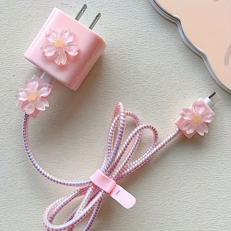 TEMU Juego de 5 protectores de cargador 3D florales rosas, carcasa de TPU con diseño floral resistente a los arañazos, cable antibroturas sin ,