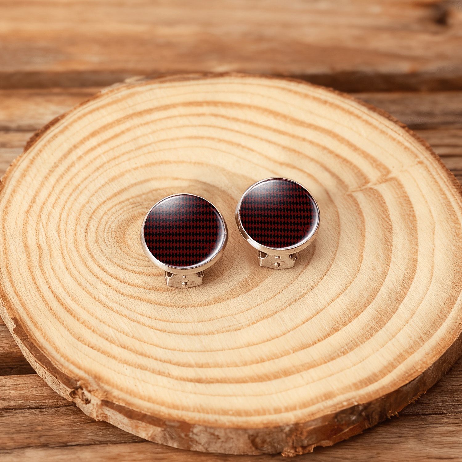2pc Clip-On Round Glass Earrings Set, Vintage Red Pattern