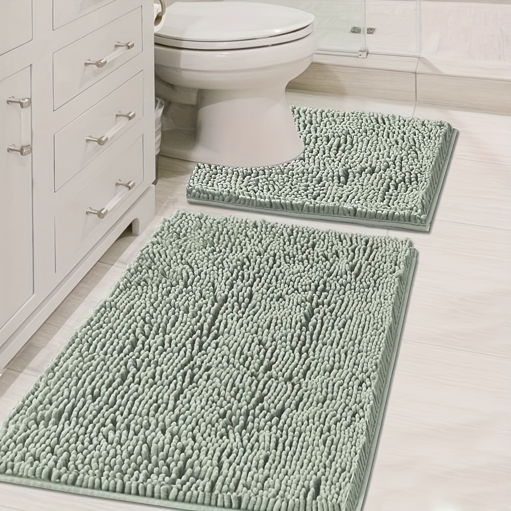 TEMU Bathroom Rugs Luxury Chenille 2pcs Mats, & Super Absorbent Shaggy Rugs, Square Contoured Toilet Mat, Machine Washable Bath Mat For Tub Shower, Non Slip Bedroom Area Rugs Perfect For Door Mat
