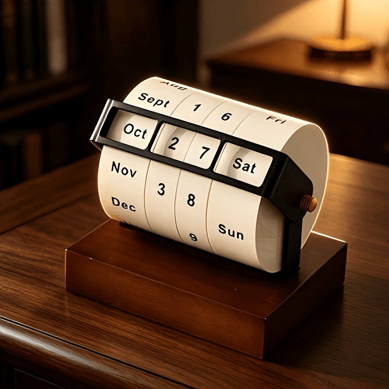 TEMU Retro Flip Calendar Figurine With Wooden Base, Perfect For Desktop Decor, Office, Study Room, Creative Clock, Practical Decorative Item.