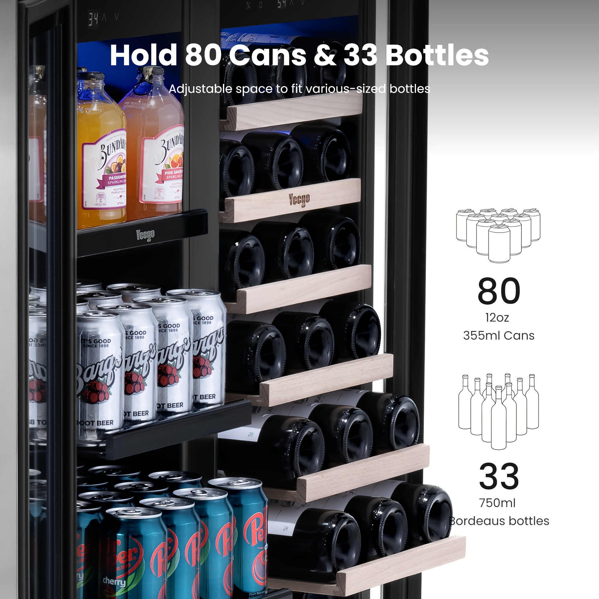 wine and beverage refrigerator 30 inch   wine beverage cooler 33 bottles 80 cans freestanding built in glass door with   blue led display 36 72 f double door wine refrigerator ideal for bar   Product details 7