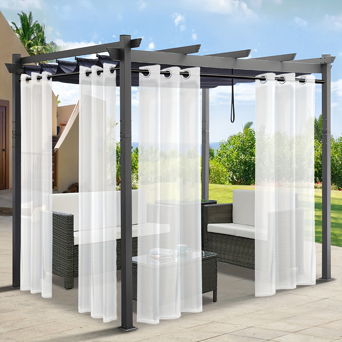 TEMU Outdoor Sheer Curtains For Patio - 2 Panels Grommet Indoor Voile Sheer Curtain For Living Room, Bedroom, Porch, Pergola, Cabana, 54 X 84 Inch