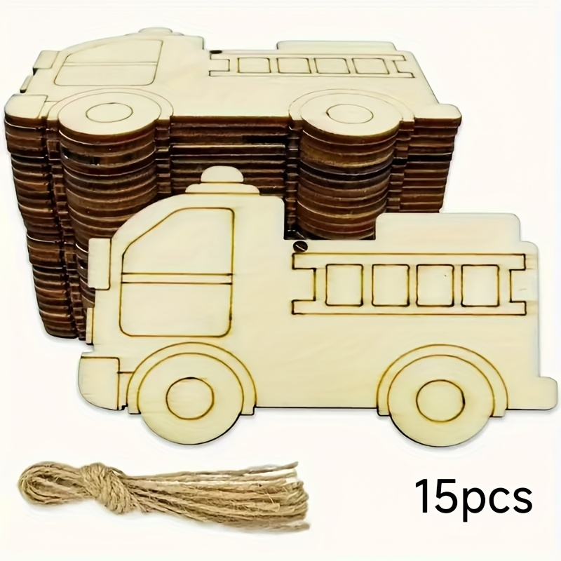 15pcs Wooden Fire Engine Ornament, Fire Truck Crafts For Party And Home Ornament.