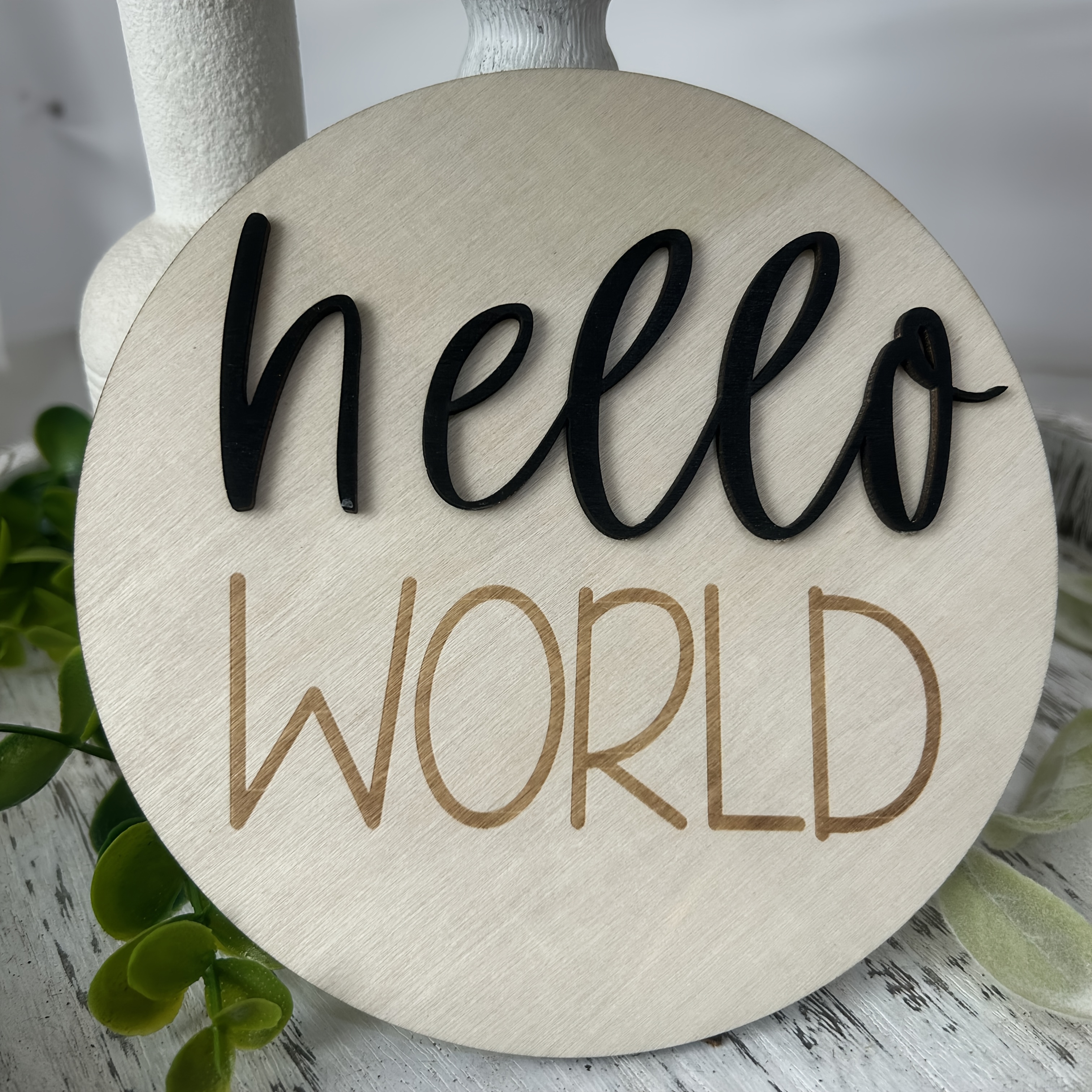 Image of Rustic Hello World Round Wooden Sign - Manufactured Wood Multipurpose Tabletop Decorative Plaque For Newborn Announcement And Keepsake
