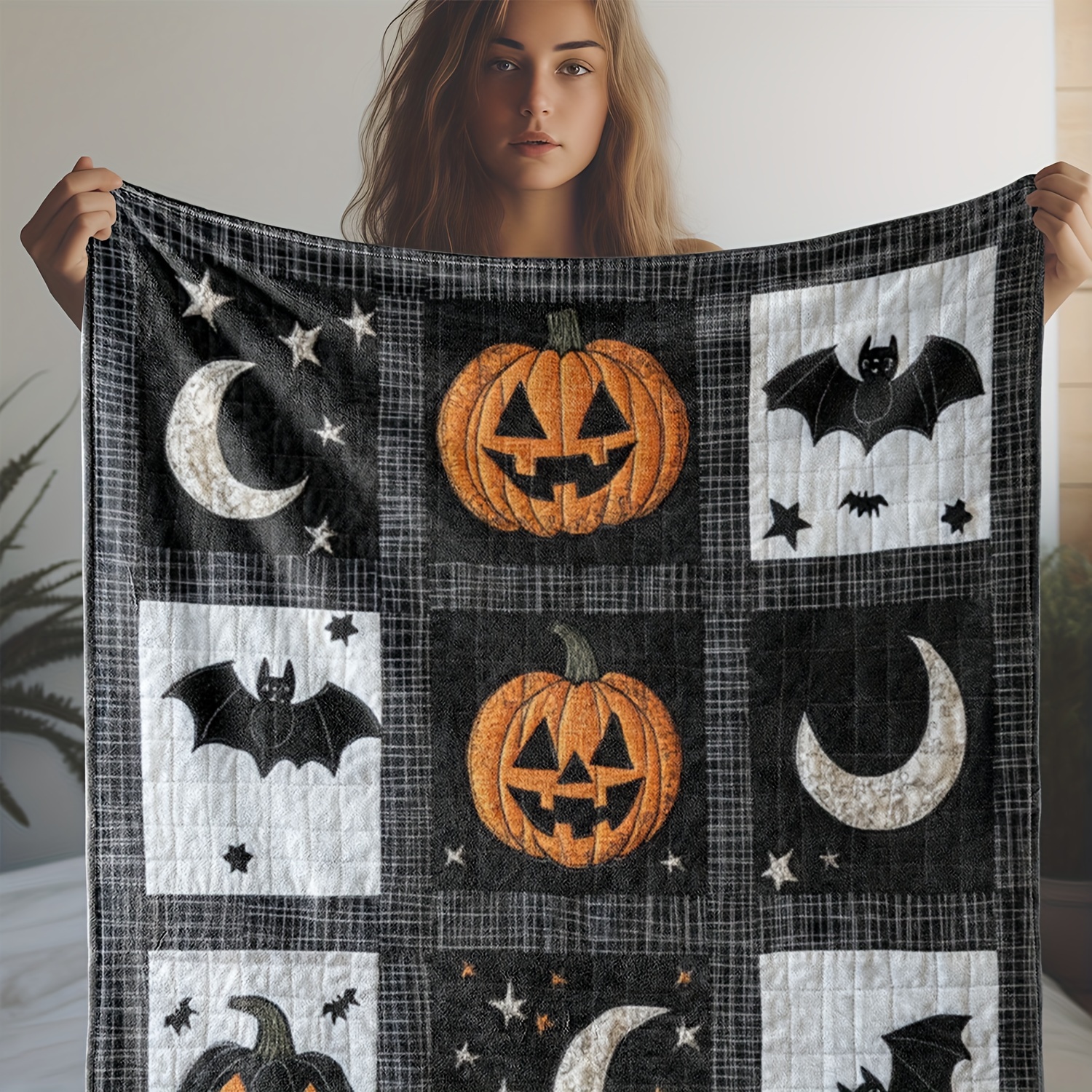 

Vintage -themed Flannel Throw Blanket - Knitted Fleece With Pumpkin And Bat Patterns, Multipurpose Digital-printed Quilt For Couch, Bed, Office, Travel - Polyester Comforter