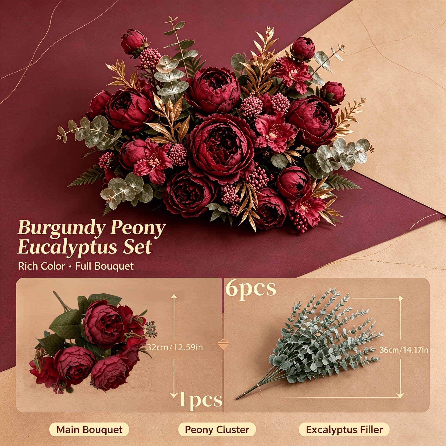 TEMU Juego de 7 piezas de ramo de peonías artificiales + arreglo floral de hojas de eucalipto de , ramo de de novia para boda de otoño/invierno,
