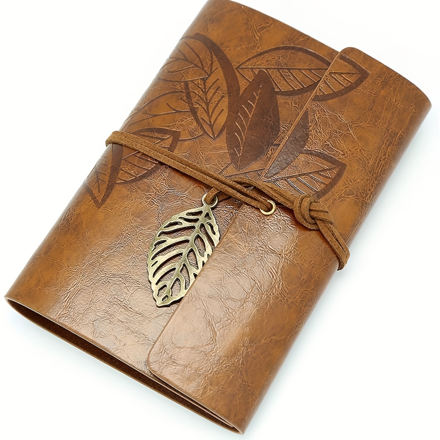 

Vintage Leaf Embossed Faux Leather Journal - Blank Kraft Paper Notebook For Travel & Notes
