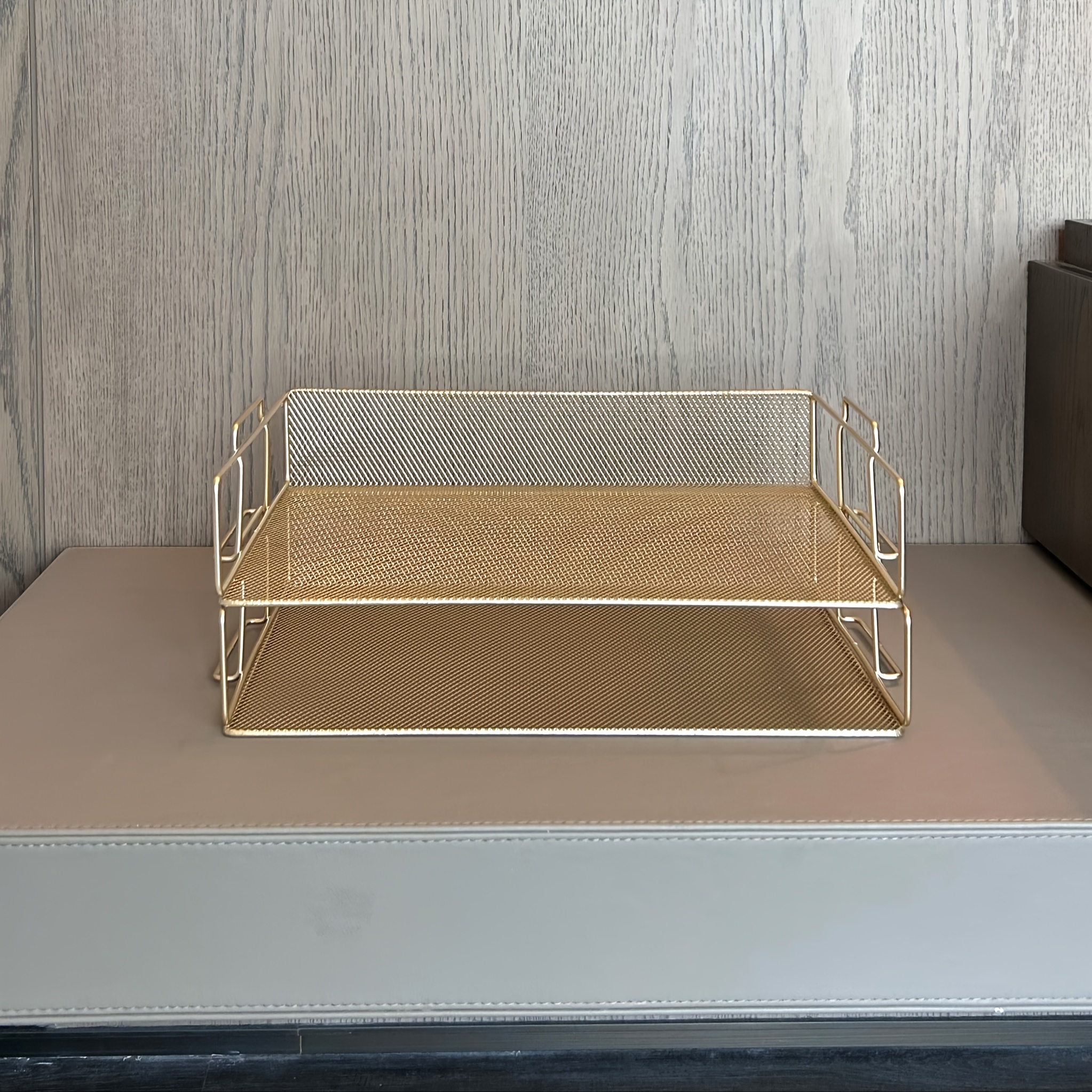 TEMU Organisateur de Bureau Élégant en Métallique Dorée à 2 Niveaux - Bac à Lettres Empilable pour Fournitures de Bureau & Rangement de Papier,