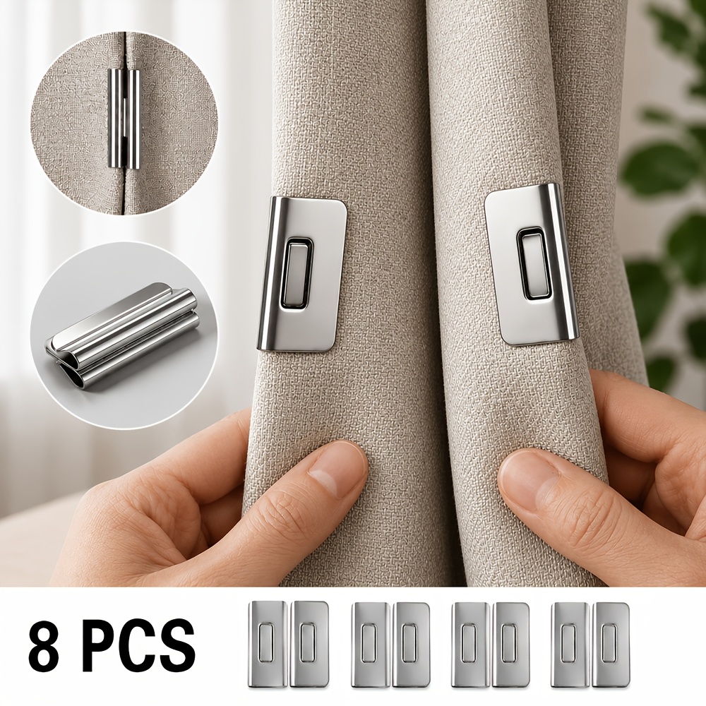 TEMU 8 pezzi (4 set) Fibbie magnetiche per tende, clip per tende senza chiodi per tende oscuranti, chiusure autoadesive per fessure, e a di perdite,
