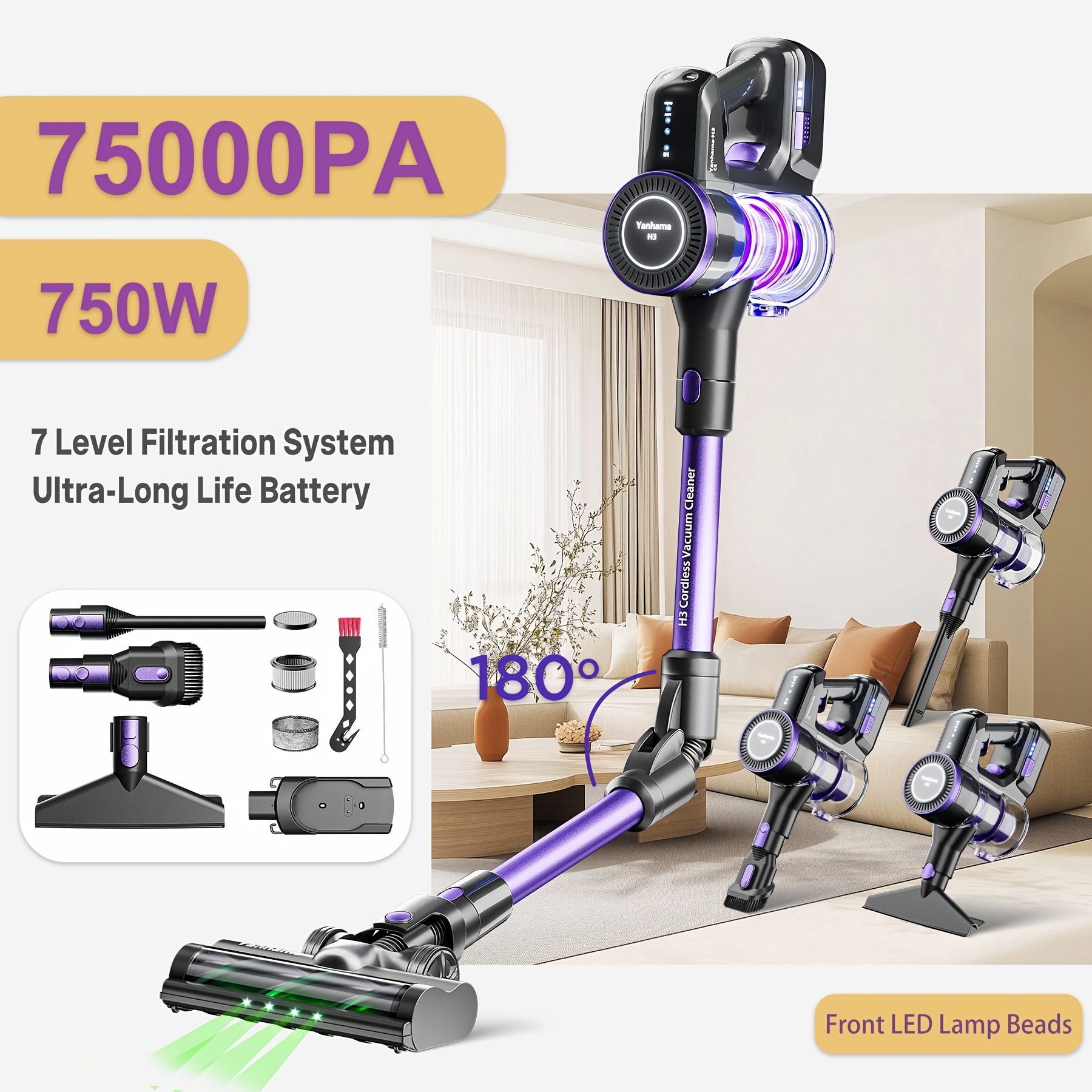 TEMU Aspirateur à haute aspiration 75KPA/750W, nettoyage multidirectionnel à main, nettoyage des sols, embouts de brosse de rechange, multi-,