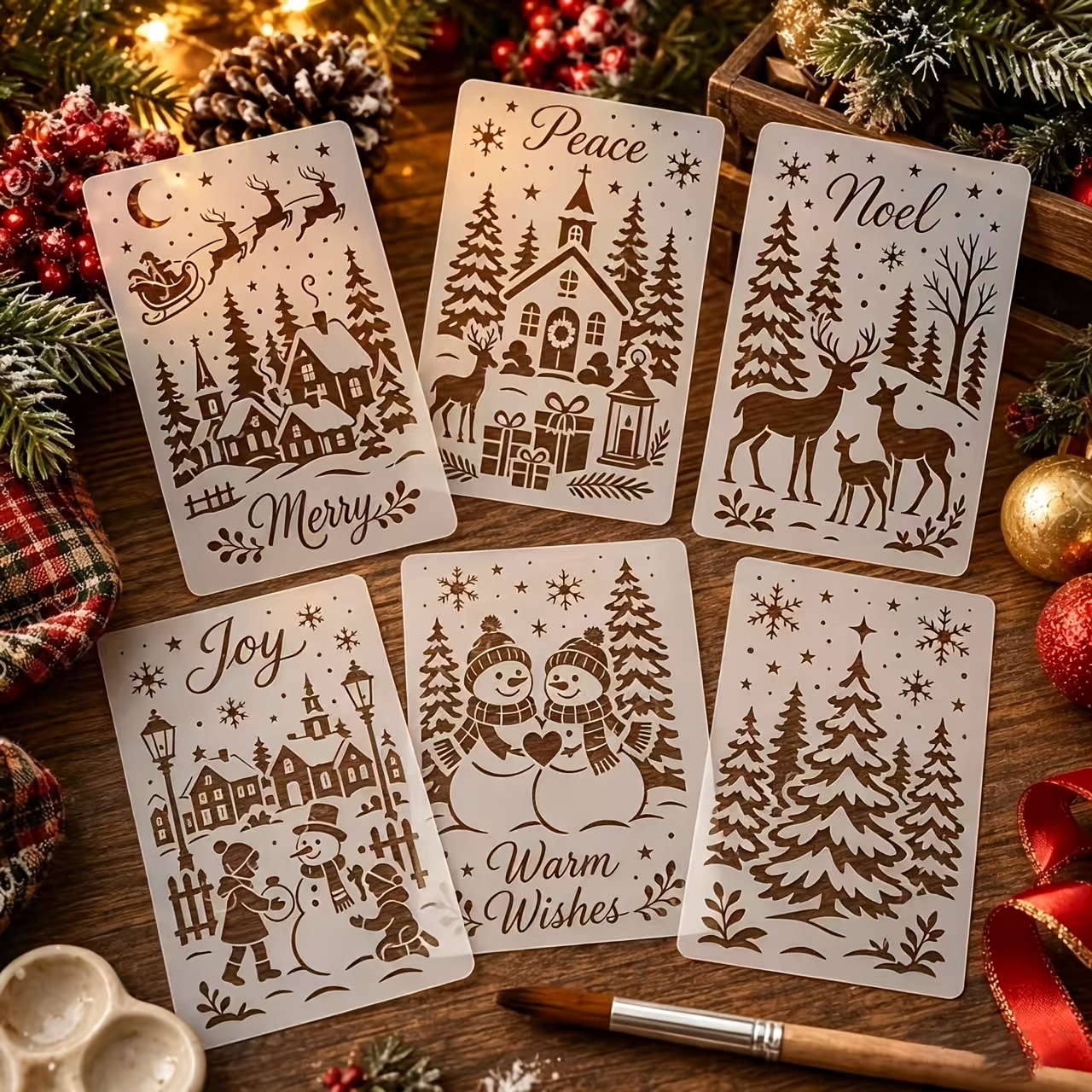 TEMU 6pcs Christmas Painting Stencils, Reusable Snowman Deer Pine Snowflake Stencil For Crafts, Merry Peace Noel Pine Tree Sleigh Church Hollow