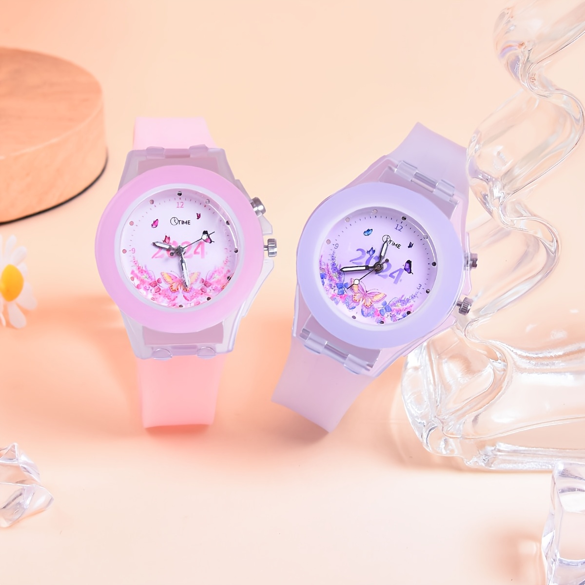 2pcs Set Double Movement Led Luminous Watch Pattern Quartz Wristwatch For Girls In 2024