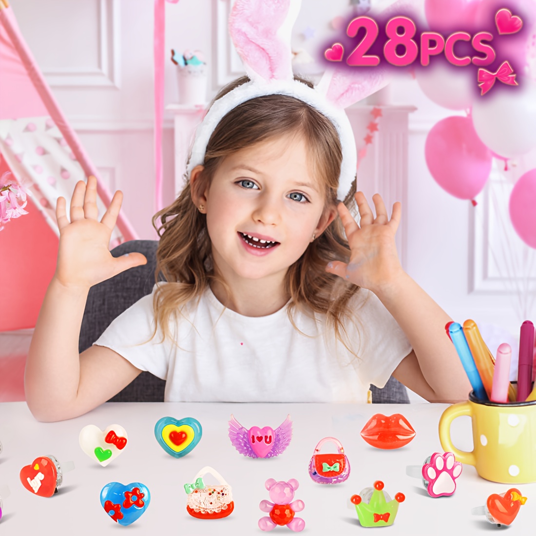 

28pcs Valentines Light Up Led Rings Party Favor Rings, Girls Boys Gifts Idea Toy, Heart-shaped Rings Valentines Day Gifts For Kids Classroom Exchange Prize Gifts Rings For Party Birthday Bulk Toy