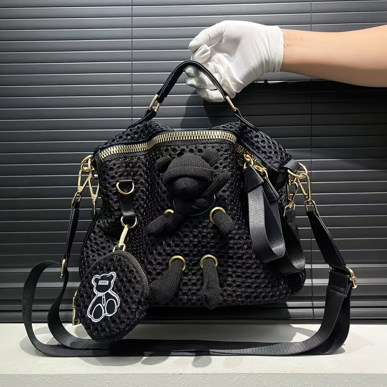Image of Women's Fashion Mesh Lightweight Shoulder Bag, Portable Daily Use Wide Strap Multi-functional Crossbody Handbag With Bear Coin Purse