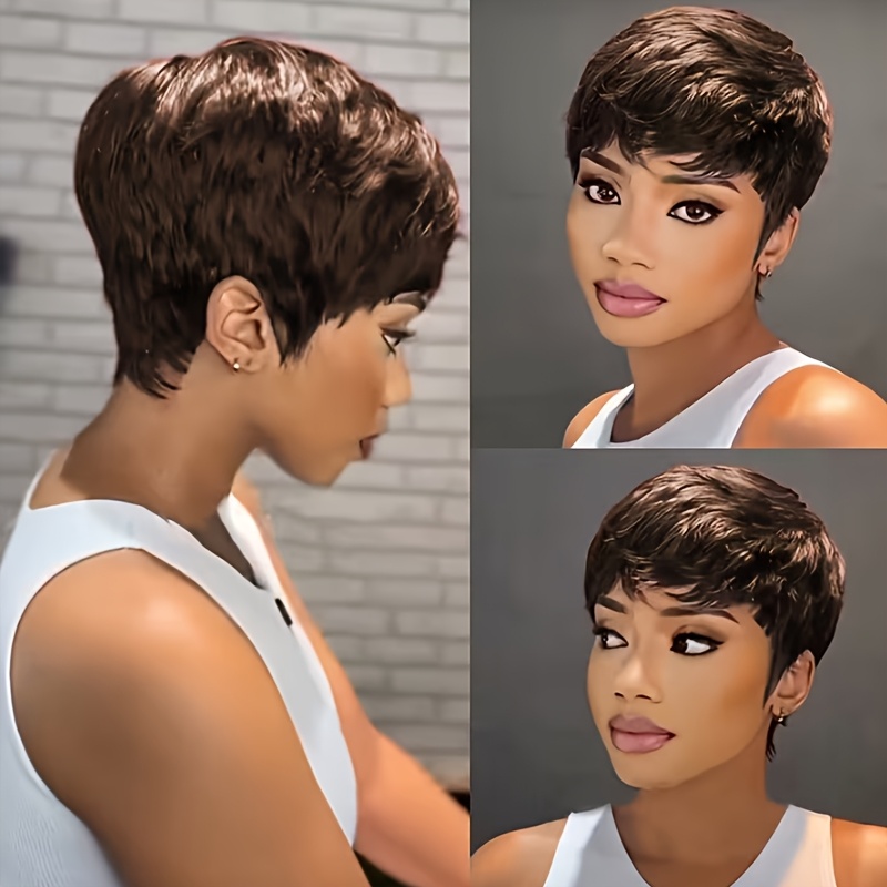 TEMU Dark Brown Short Layered Cut Wig Made From Straight Human Hair, Featuring Bangs. And Restyled, Making It Ideal For Women For Parties, Festivals,