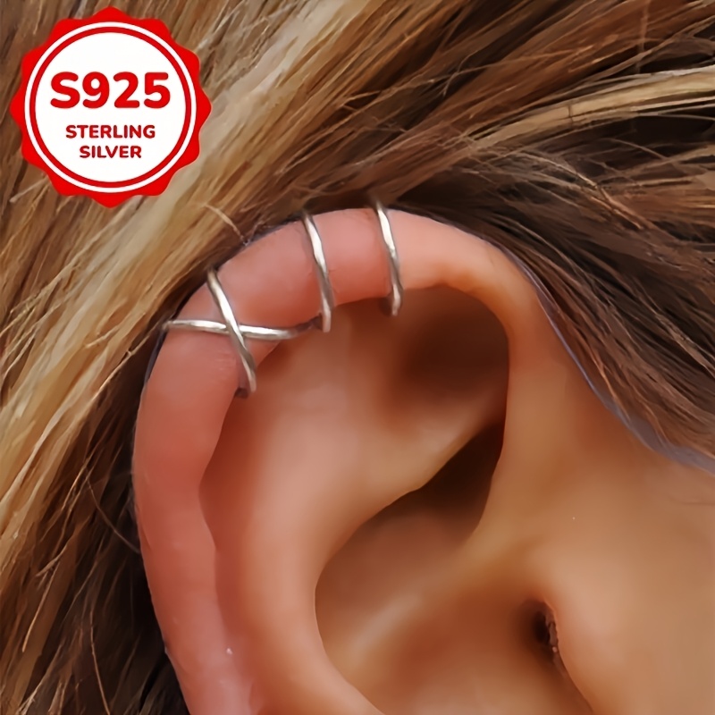 Women's S925 Silver C-Shaped Double-Line Cross Clip Earrings