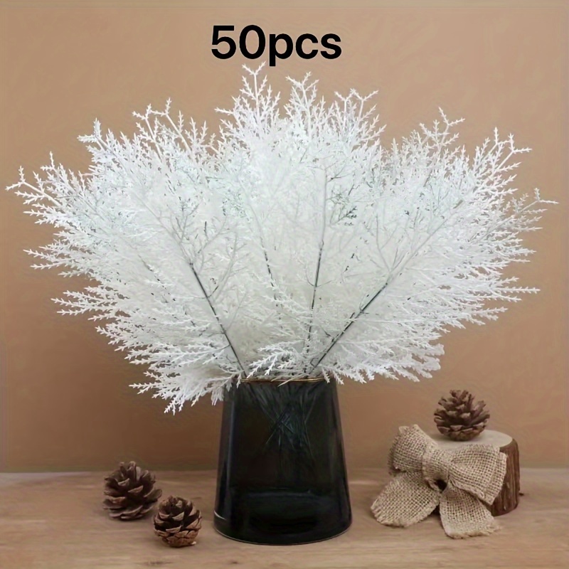 

50pcs White Artificial Pine Branches - Plastic Christmas Eucalyptus Leaves Stems, Tabletop Seasonal Decor For Day, , Thanksgiving, Valentine's - No Electricity Or Battery Needed