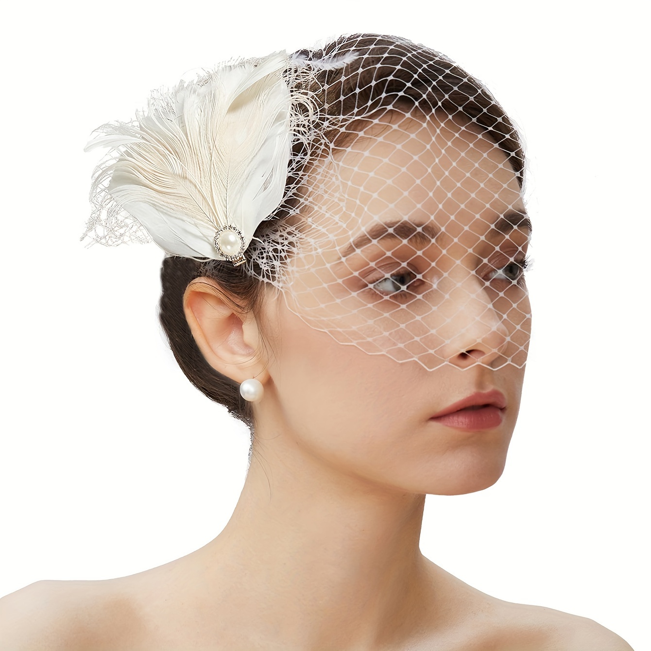 3321 Bridal Wedding Veil Fascinator Mesh Feather Headband For Women Tea Amazon.com: Unsutuo Feather Birdcage Veil Bridal Bandeau  main image 2