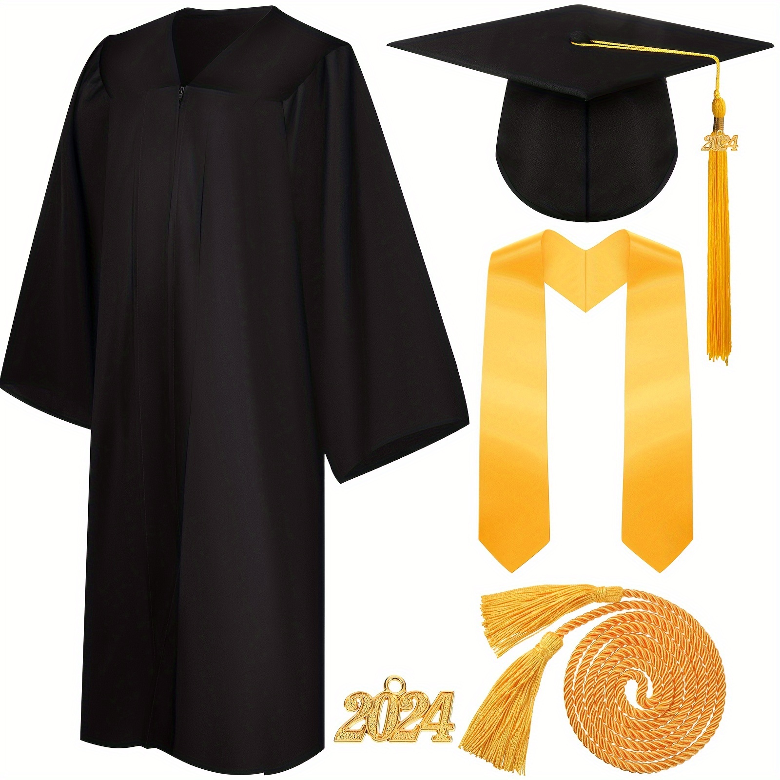 

4 Pieces 2024 Unisex Graduation Matte Gown Cap Tassel Stole Set Cord 2024 Charm For Graduation