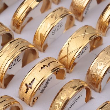 Over 20 Styles of Waterproof Stainless Steel Rings with Real Golden Plating And Intricate Hollowed-Out Striped Engravings