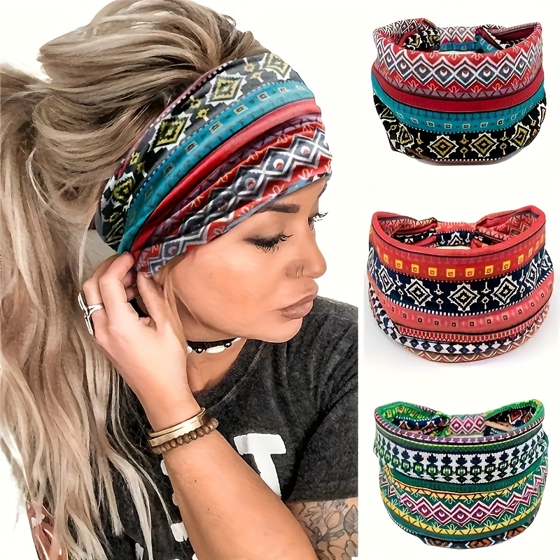 E-shop 3er-Pack Yoga-Stirnbänder für Damen mit ethnischen Prints - Weiche, elastische, atmungsaktive Sport-Stirnbänder, Multicolor (Rot/Blau/Grün),