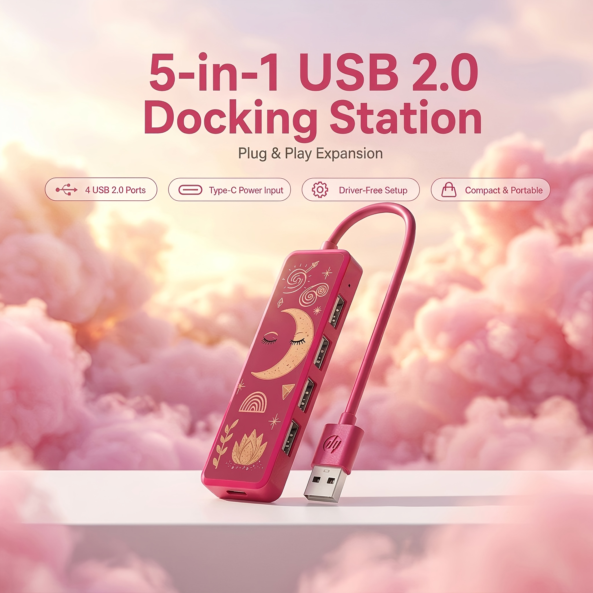 TEMU Moon Print Usb 2.0 , Portable Docking Station With 4 Usb Ports And Type-c 5v1a Power Input, Compact Data Expansion Compatible With Windows