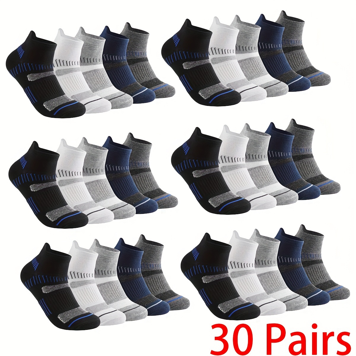 

30 Pairs Men's Ankle Socks Athletic Cushioned Breathable Low-cut Tab With Arch Support