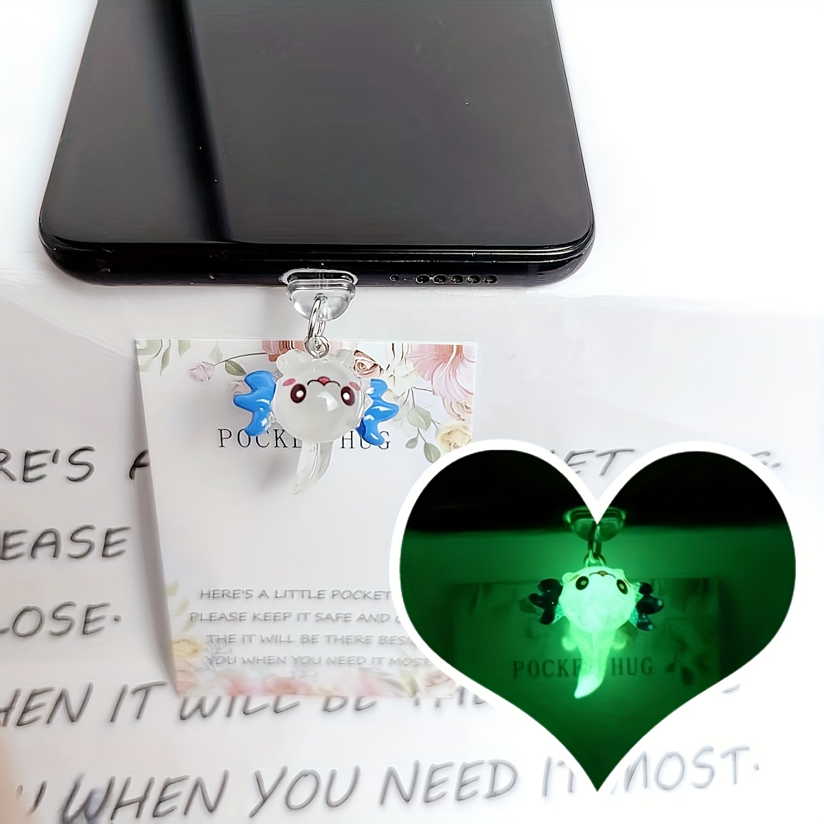 TEMU A Cute Luminous Phone Dust Plug Charm + 1 Greeting Card. Phone Decoration Accessory. Suitable For Iphone//type-c . For Christmas, New Year, And