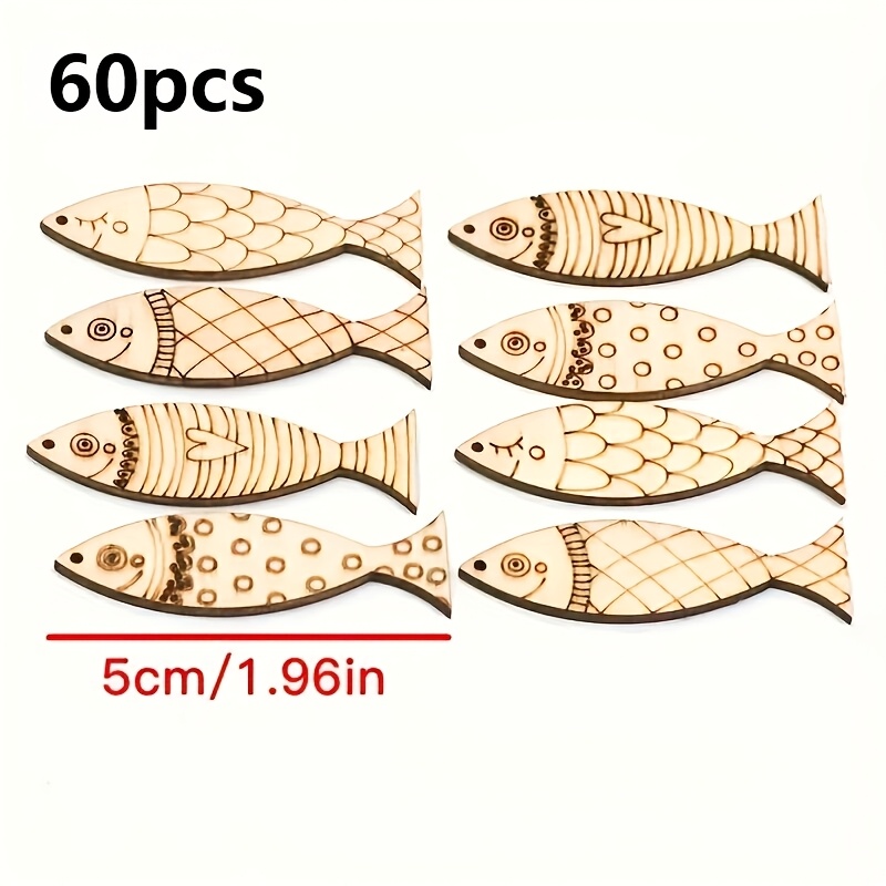 TEMU Set da 60 pezzi di piccoli ornamenti a forma di pesce in legno, decorazioni in legno, lavoretti fai da te, ciondoli con design intagliato unico,