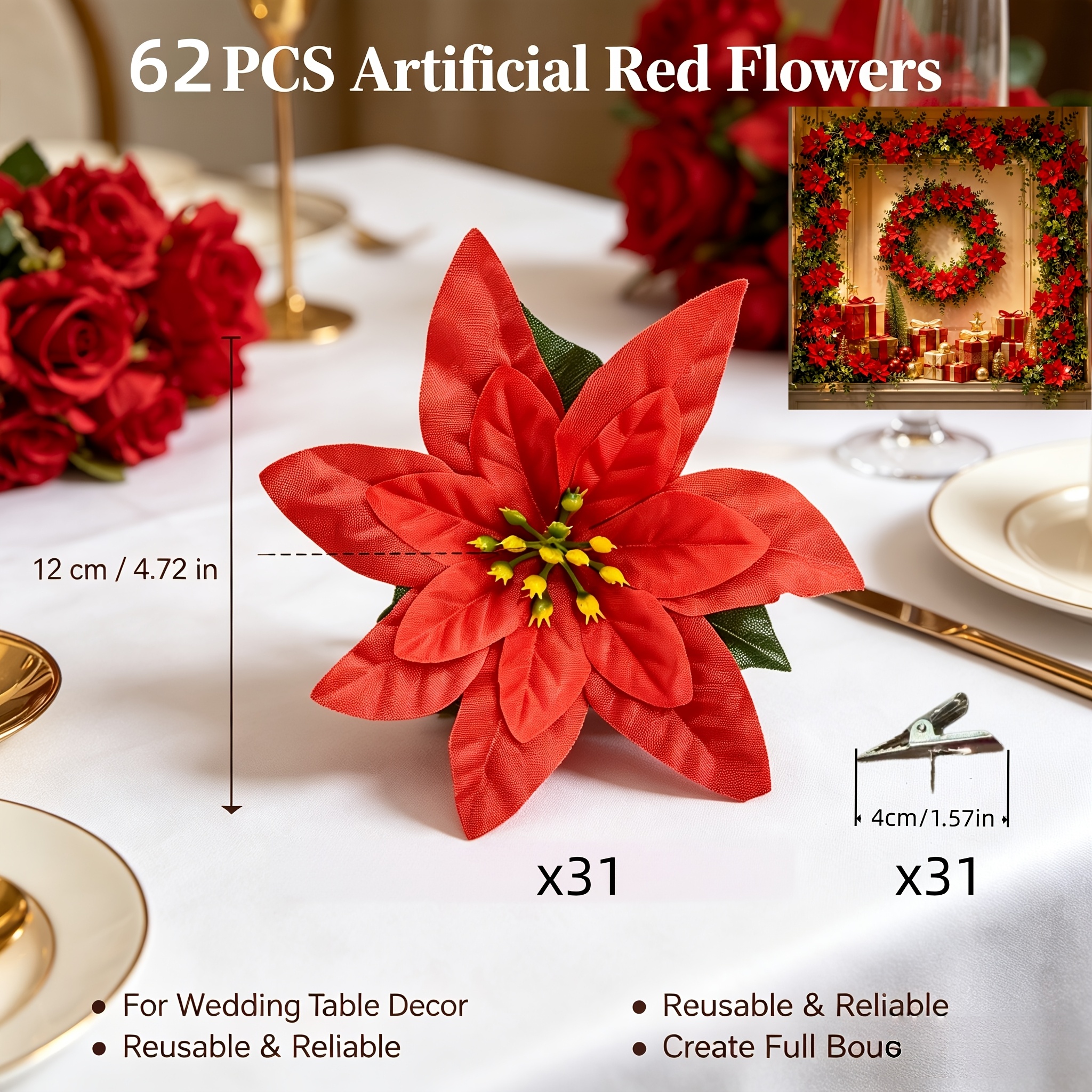 TEMU Christmas Decoration Set (31pcs And 31pcs Metal Clips), Exquisite High-end Flower Heads Artificial Flowers, Holiday Fake Flowers, Christmas Pine
