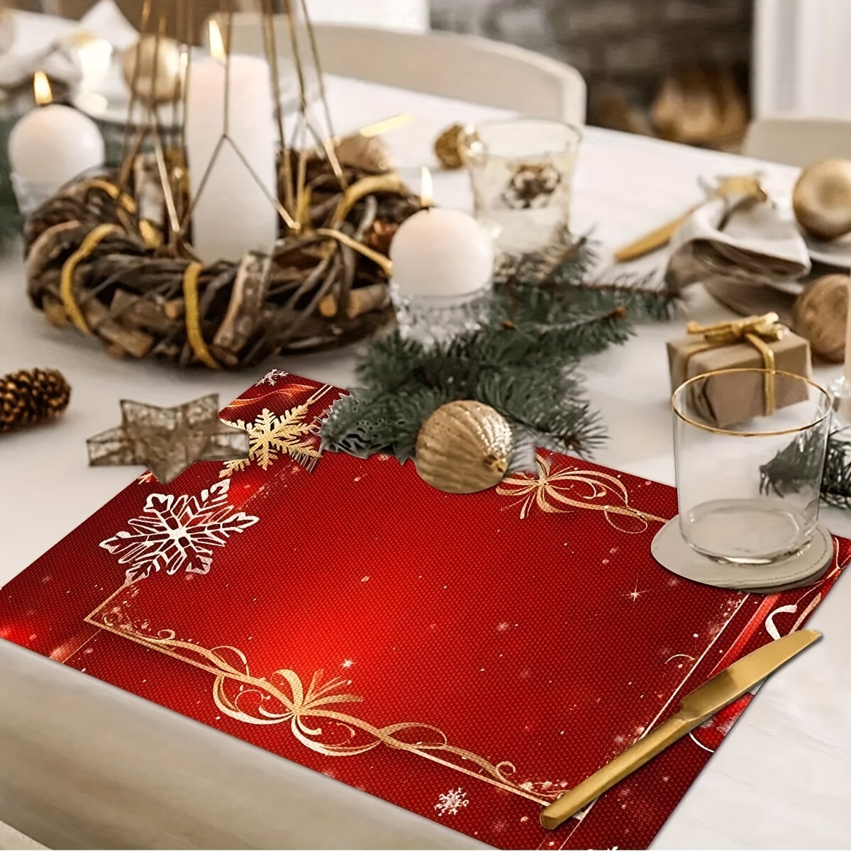 

1pc Red Christmas Table Mat, - & -slip Placemat, Polyester, , , , For Dining &