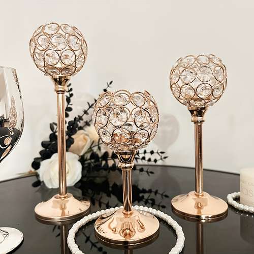 Set 3 Portacandele Decorativi In Ferro Ottone Anticato – Altezze Variabili Per Matrimoni E Cene