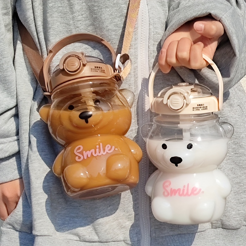 

1pc, Bear Shaped Water Bottle With Shoulder Strap, Cute Kawaii Plastic Water Cups, Portable Drinking Cups, Travel Drinkware, Birthday Gifts