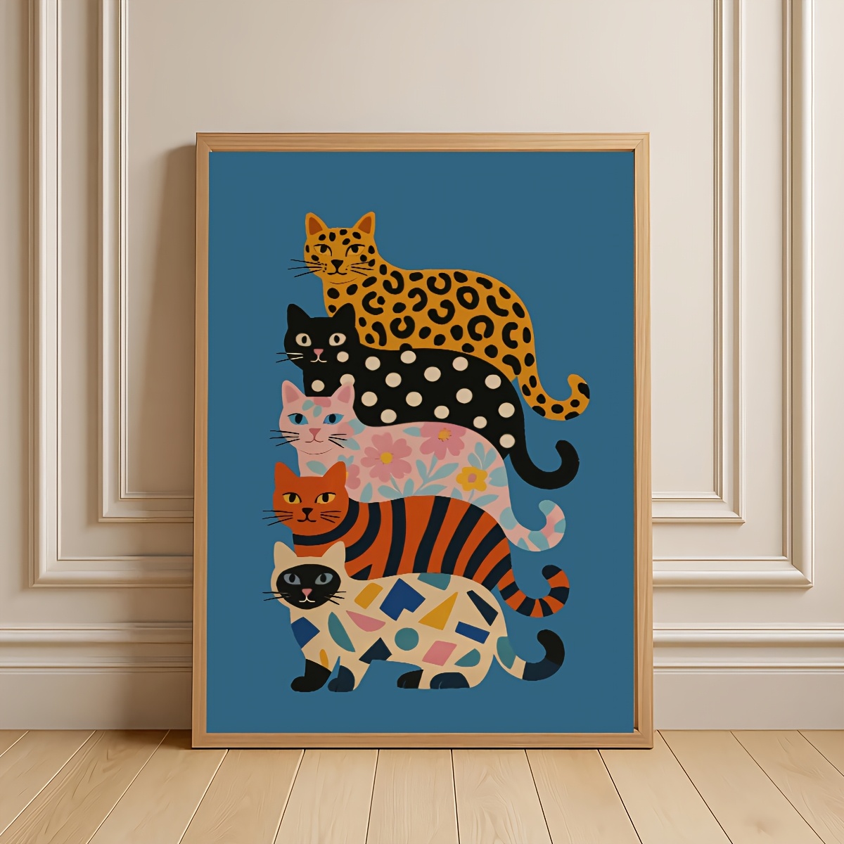 TEMU 2d Flat, 2d Flat, A Frameless Colorful Cat Stacking, Modern Geometric Pattern Canvas Art, Mural, Birthday Gift, Decoration For Living Room,