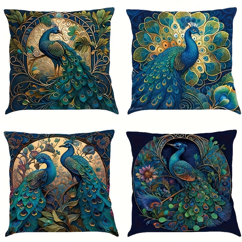 

4-piece Vintage Peacock Oil Painting Throw Pillow Covers Set, 17.72" Square, Faux Linen, Zip Closure - Perfect For Living Room, Office, And Outdoor Decor (no Insert)