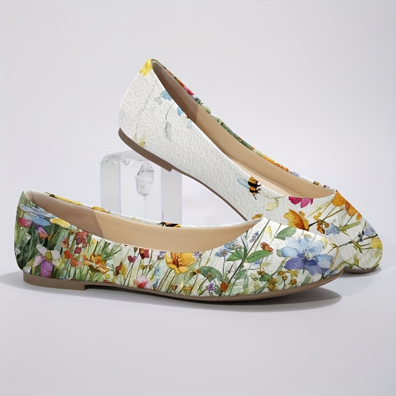 TEMU Women's 2d Printing Round Toe Flats Showcasing White Multicolor Floral Bee Pattern