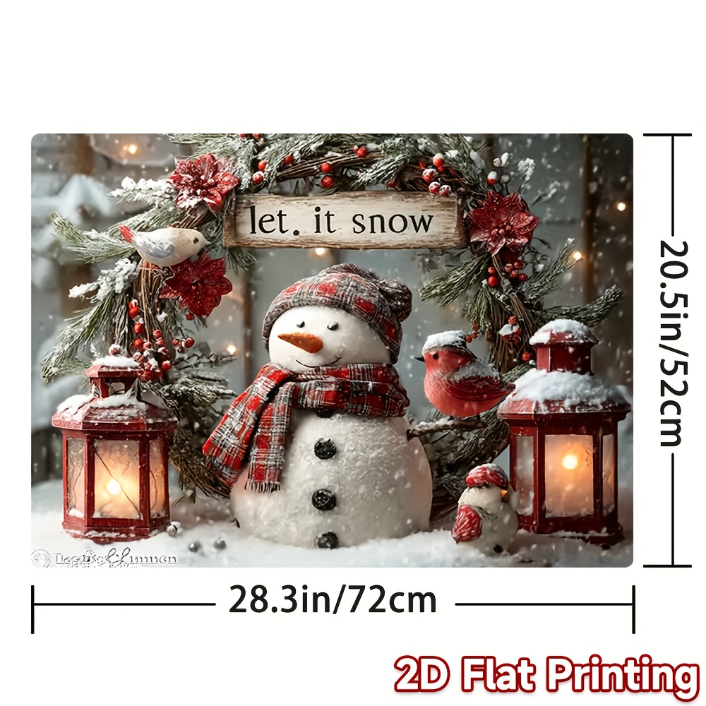 TEMU 1pc A Flat, Two-dimensional Christmas-themed Mat Your Stove, Featuring A Snowman Wreath With A Plaid Scarf And . Made From 100% Polyester, It Serves As A Stovetop Protector And Dish Drying Mat