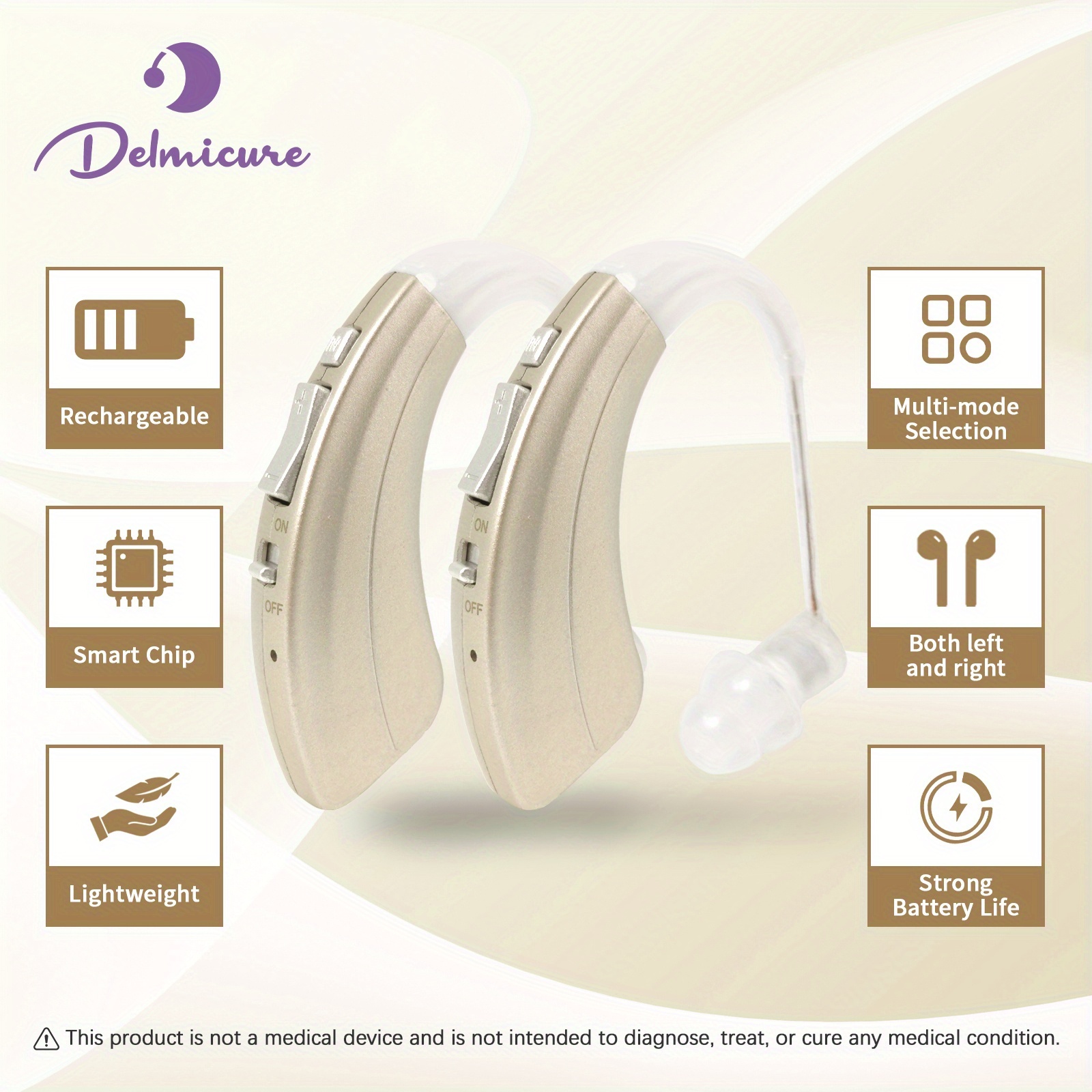 Delmicure Hearing Amplifier, Rechargeable Sound Amplifier, Hearing Device for Men & Women, Home Use Sound Device for Ear, Adult Gift Choice, Ideal for Ear, Sound Amplifer Device with 4-Mode, Sound Amplifier on Deals, 2 Pcs, Golden Device, Binaural Use