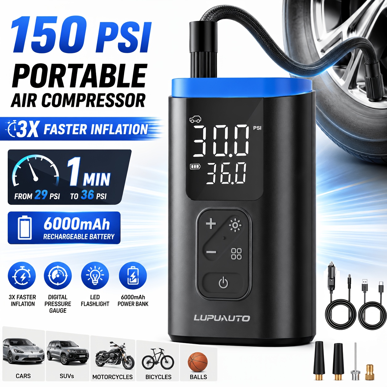 TEMU Tire Inflator Portable, Air Pump For Car Tires, 150 Psi Portable Tire Inflator Air Compressor With Digital Pressure Gauge, 3x Faster Inflation