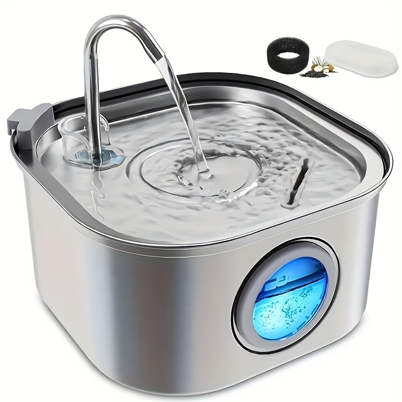 artikel foto 3,2L/108z Automatische Kattenwaterfontein Roestvrij Staal Huisdier Waterdispenser Hondenwaterfontein met Raam Multifilter Systeem Geluidloos Geschikt voor Meerdere Dieren Makkelijk Schoon te Maken 2 Stromingsmodi Insteekbare Kattenschaal en Hondebak Geen 5V 1A Stekker