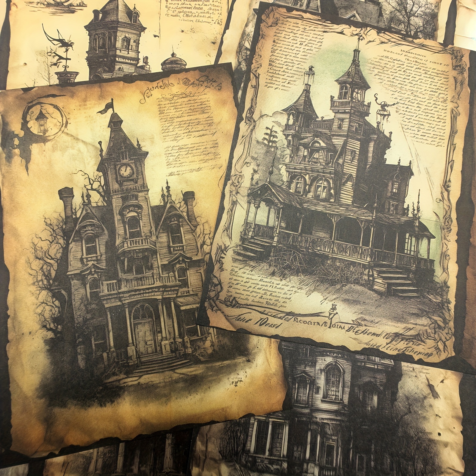 

10pcs Vigus Vintage Gothic Architectural House Sketch Paper - A5 Size, High-quality Recyclable Craft Paper With Antique Book & Journal Design For Scrapbooking & Journaling, Scrapbooking Paper