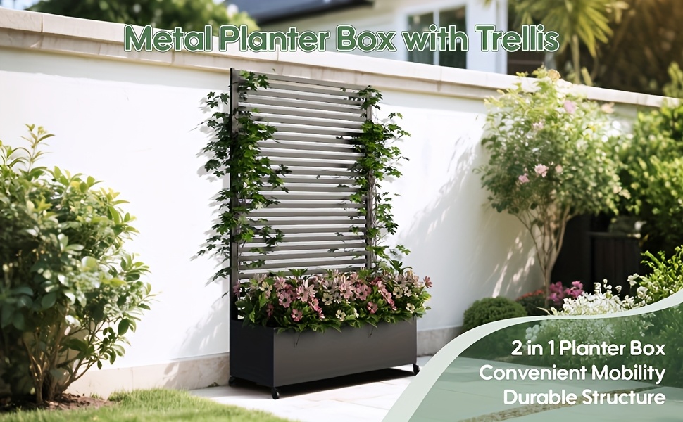 metal planter box with trellis privacy screen 73   x 30 double planter box raised garden bed with trellis wheels planter box outdoor with drainage holes for climbing plants vegetable vines white and black Product details 0