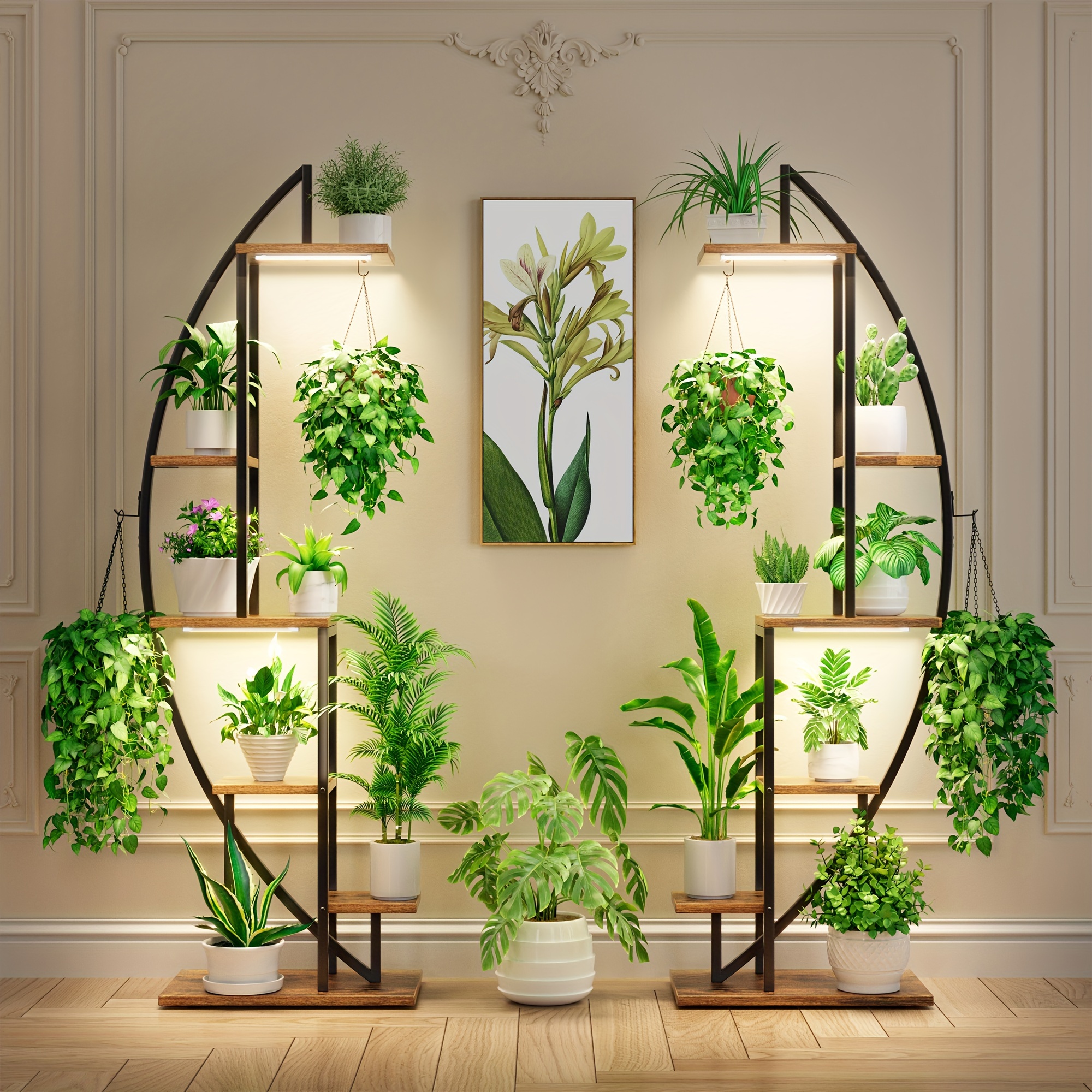 

Vibrant Greens, Illuminated : 63" Luxurious Led-lit 6-tier Metal Plant Tower, Half-moon Artistic Rack, Double The To Your Living