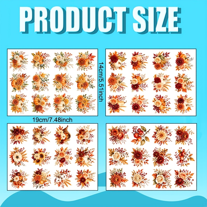 TEMU 4 Sheets/set, Autumn Pumpkin Bouquet Transfer, Watercolor-style Pumpkin Floral Pattern, Vintage Autumn Atmosphere Transfer, Warm- And Pumpkin