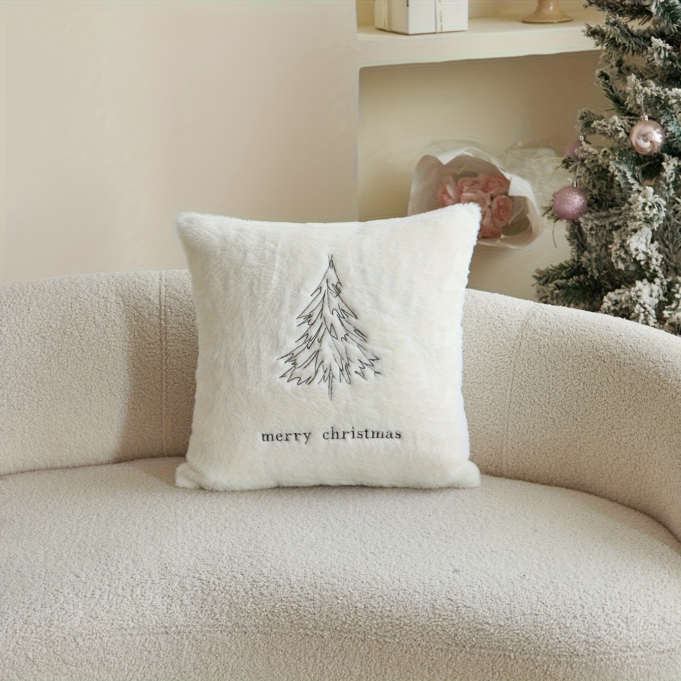 Image of Autumn Winter Rabbit 3d Embroidered Pine Tree Pillow Cover 1pc Home Decor Suitable For Living Room Bedroom Party And Environments