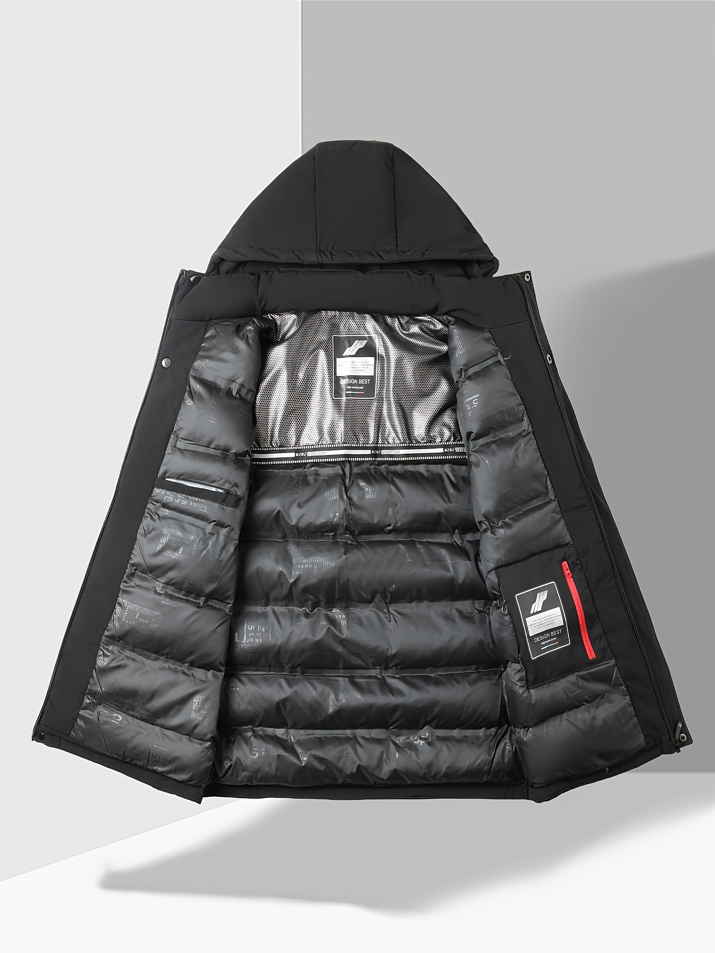 Men's Mid-Length Padded Jacket with Printed Chest Tape