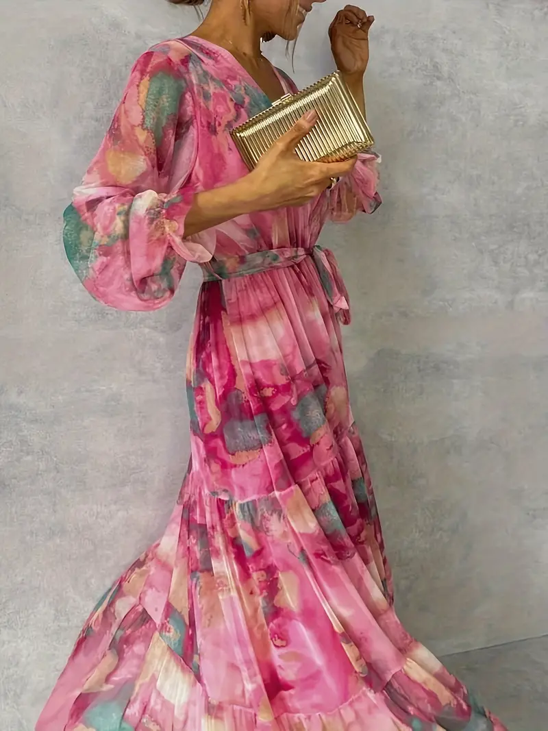 womens elegant floral print maxi dress a line formal casual gown pink machine washable non stretchy fabric for parties office casual attire womens clothing silhouette quality stitching vneckline dress party Product details 2