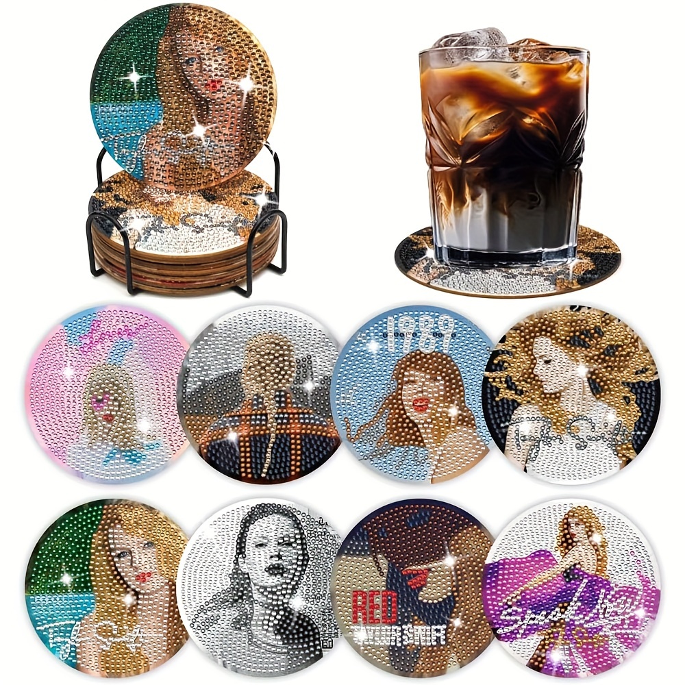 

8-piece Diamond Art Coaster Set: Singer Themed, Diy 3.94" Acrylic Crystal Drill, Skidproof And Heat Resistant, Perfect Home Decor And Crafts